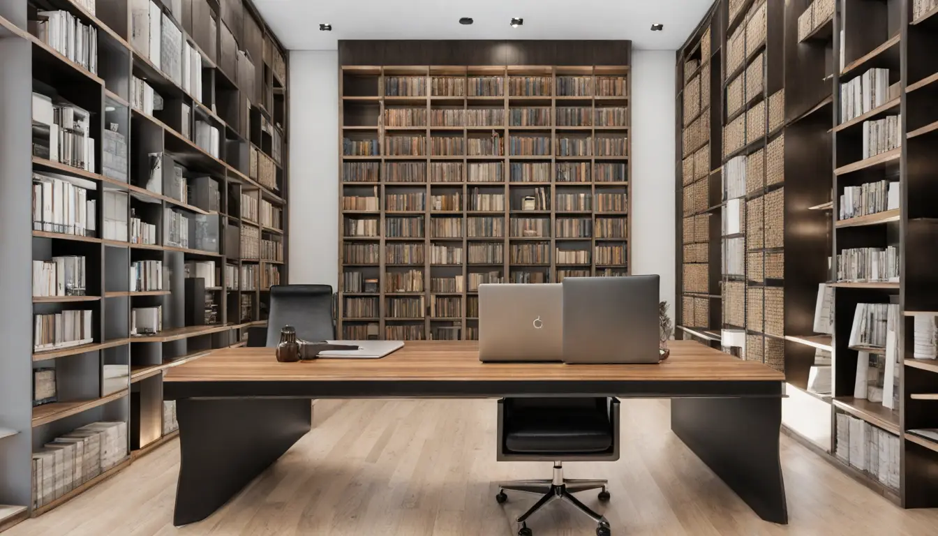 Sala de escritório com mesa de madeira, laptop, livros jurídicos e janela com vista para prédios da cidade.