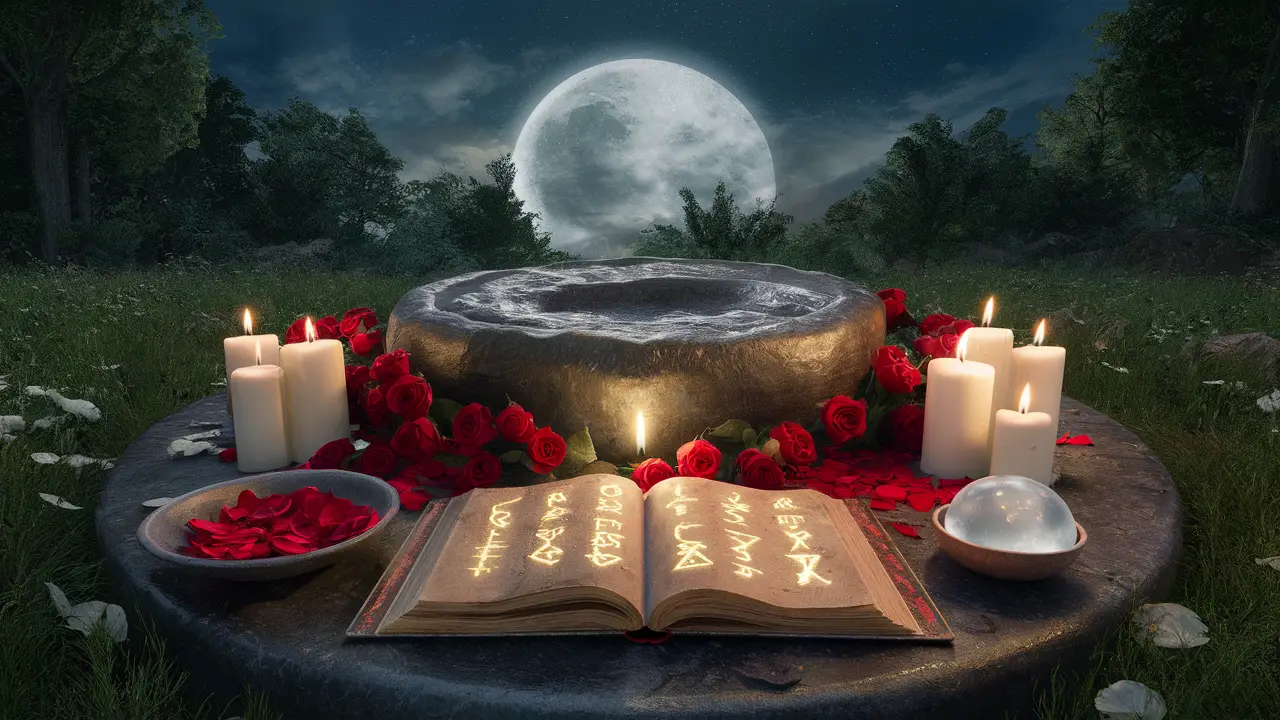 Altar místico em clareira com mesa de pedra, rosas vermelhas, velas brancas e orbe de cristal sob céu estrelado.