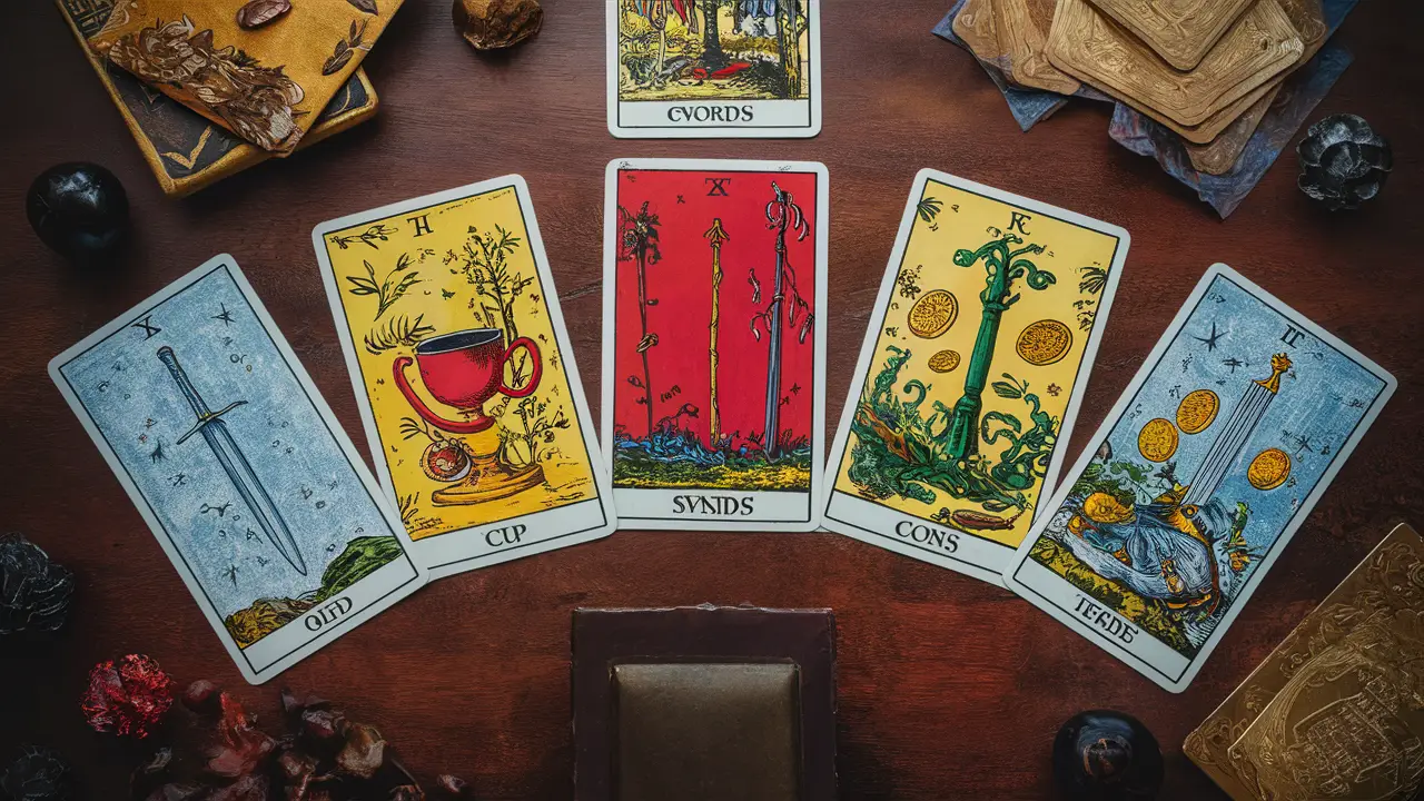 Cartas de tarô espalhadas em uma mesa de madeira com símbolos de espadas, copas, varinhas e moedas em várias cores.