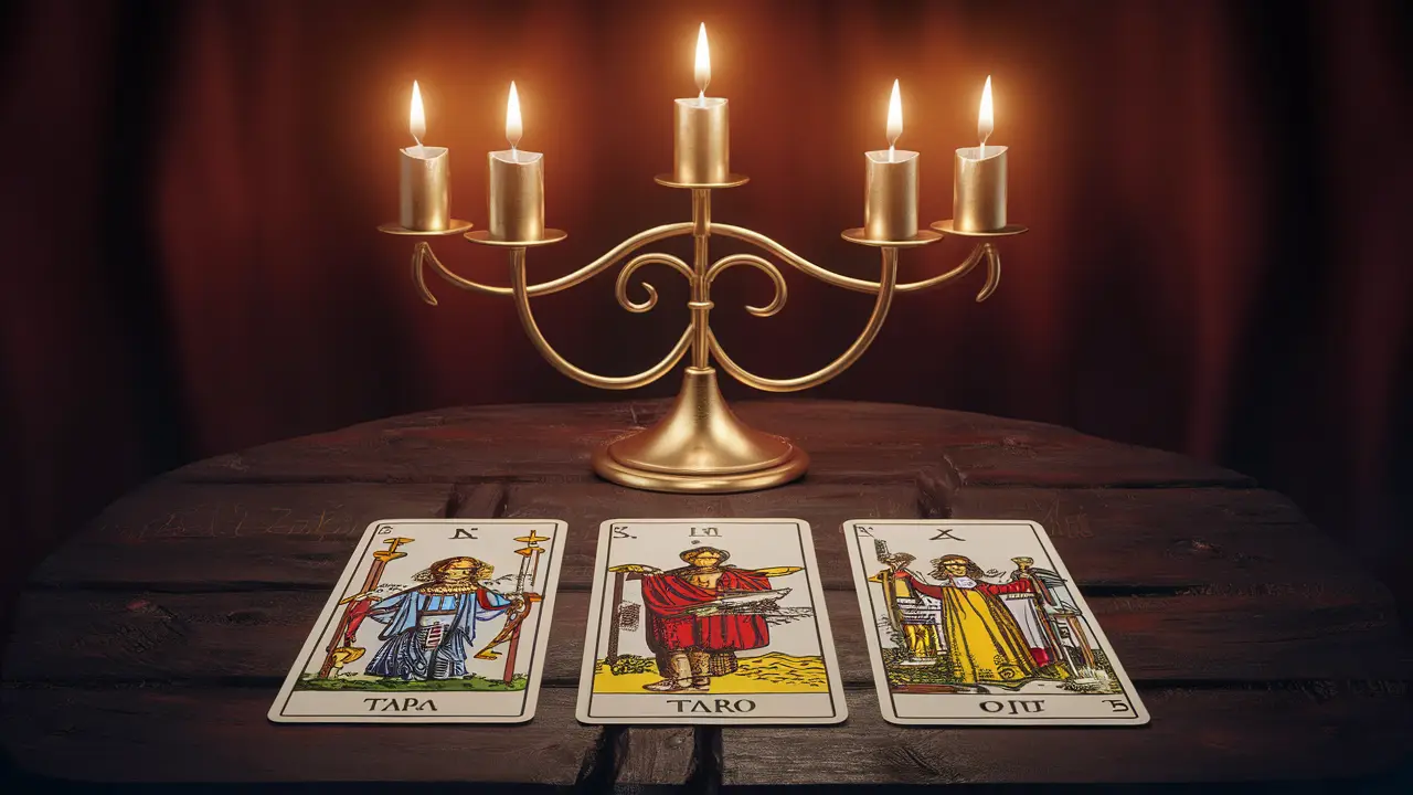 Três cartas de tarot sobre a mesa com um candelabro de velas acesas ao fundo.