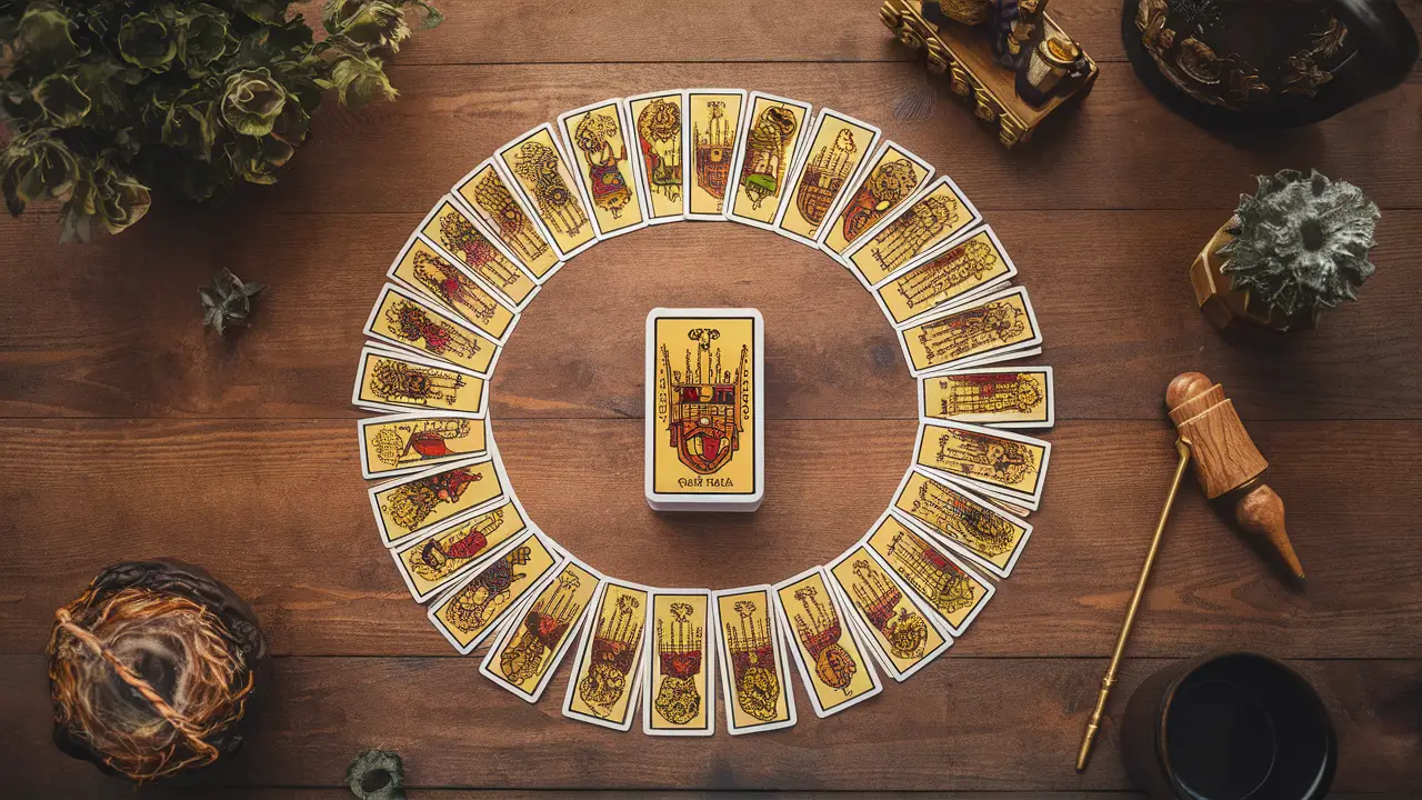 Mesa com cartas de tarot em círculo, símbolos detalhados e um bloco de notas com caneta ao lado.