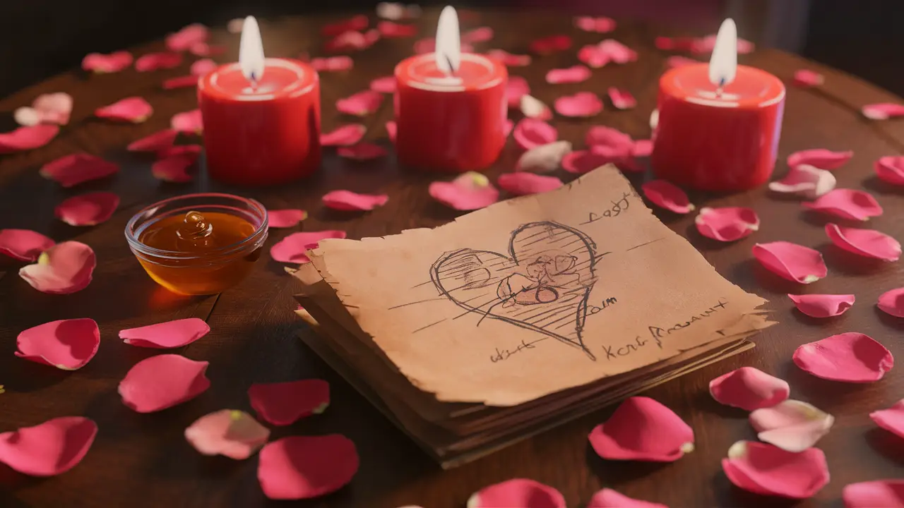 Candles, rose petals, honey bowl, and parchment on table under candlelight.