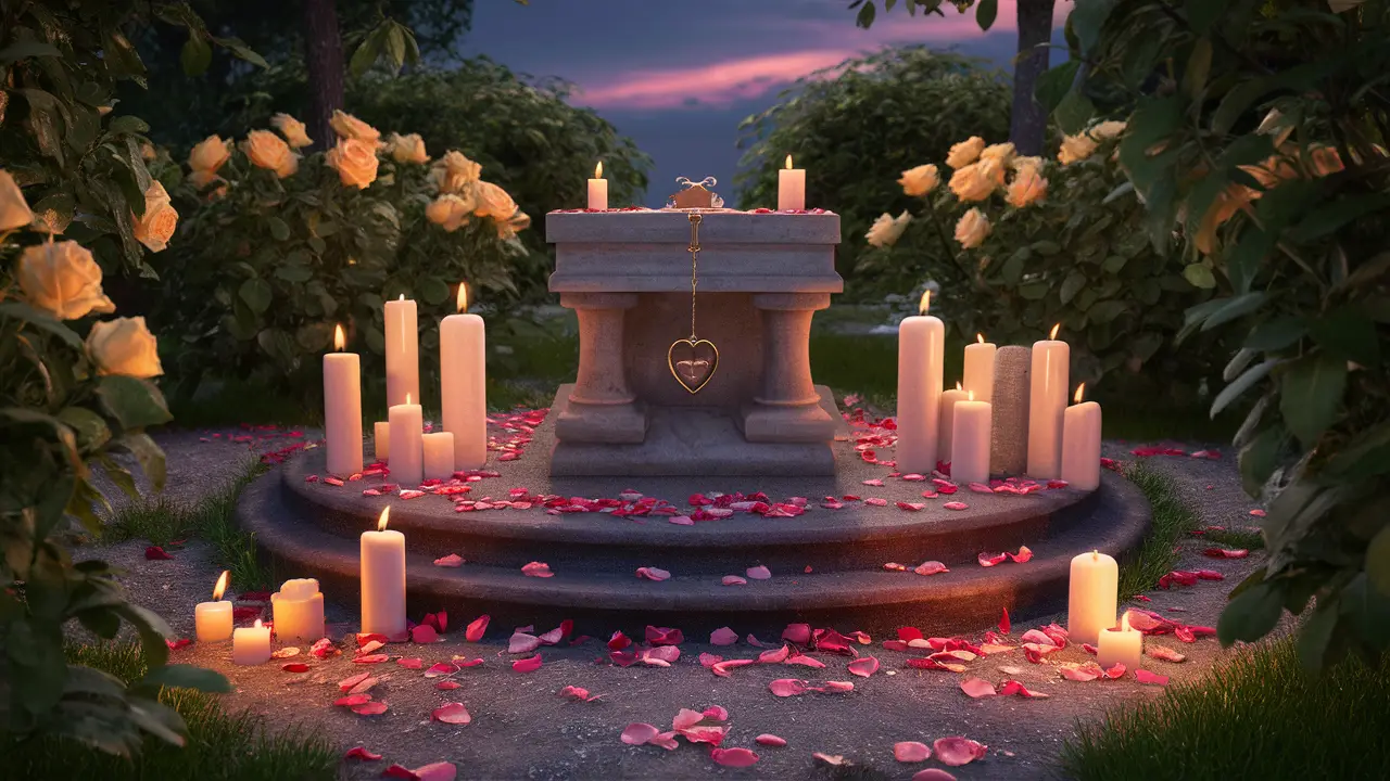 Jardim sereno ao crepúsculo com altar de pedra cercado por velas acesas e pétalas de rosa no chão.