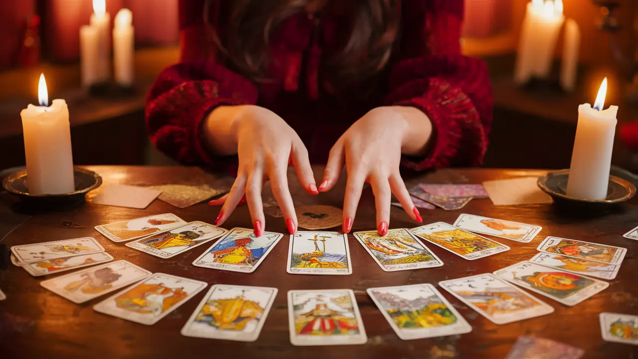 Leitor de tarot com cartas coloridas espalhadas sobre uma mesa de madeira, em uma sala aconchegante com velas acesas.