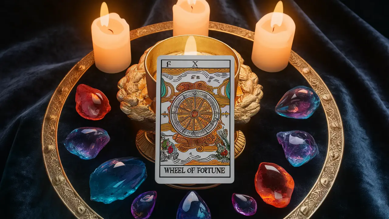 Mesa de tarô com carta da Roda da Fortuna, cristais coloridos e cálice dourado, iluminada por velas.