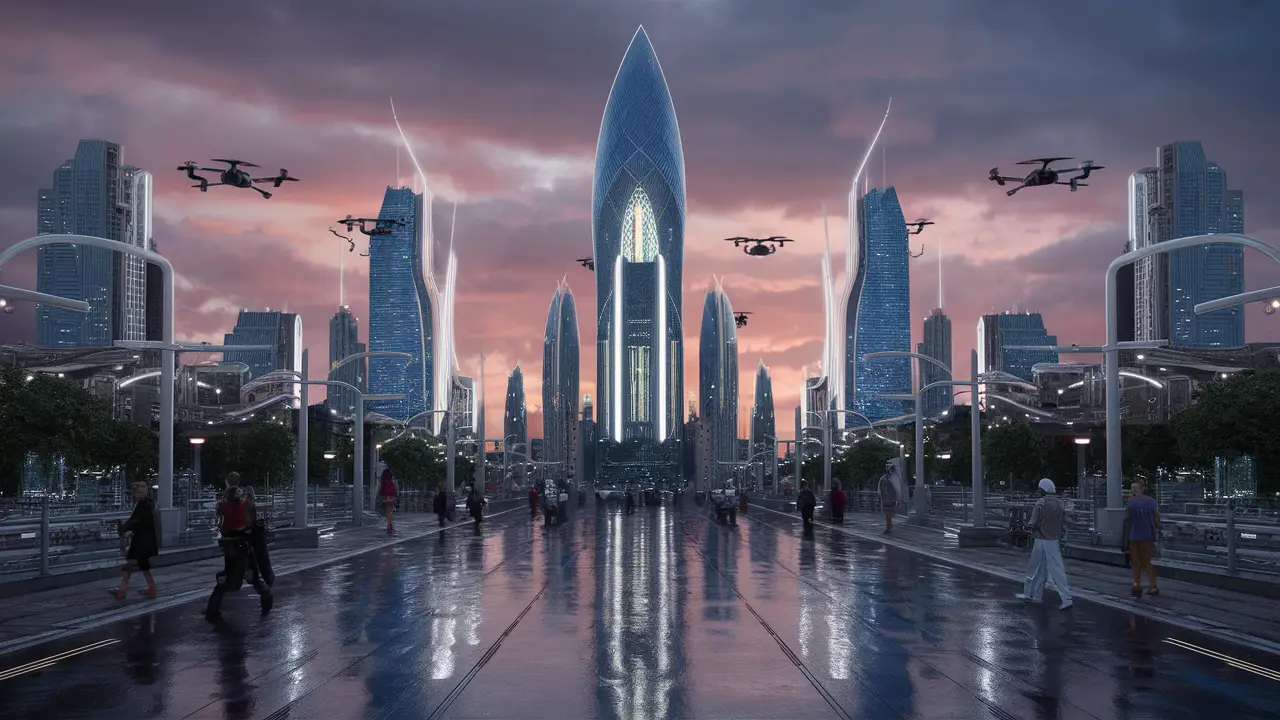 Cidade futurista ao entardecer com arranha-céus de vidro, drones no céu e pessoas nas calçadas.