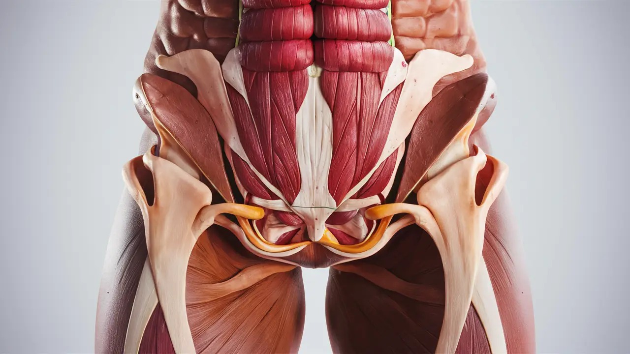 Ilustração anatômica detalhada da área pélvica masculina, destacando músculos e ligamentos dos exercícios penianos.