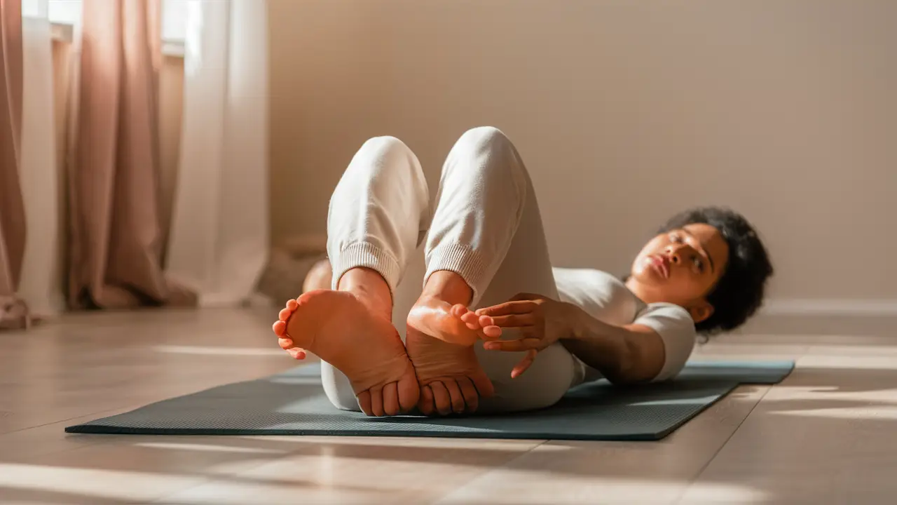 Pessoa deitada em um tapete de ioga, praticando exercícios de Kegel com expressão calma em ambiente interno.