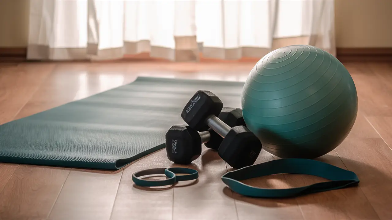 Equipamentos de ginástica como tapete de ioga, halteres e bola de pilates em piso de madeira com luz suave.