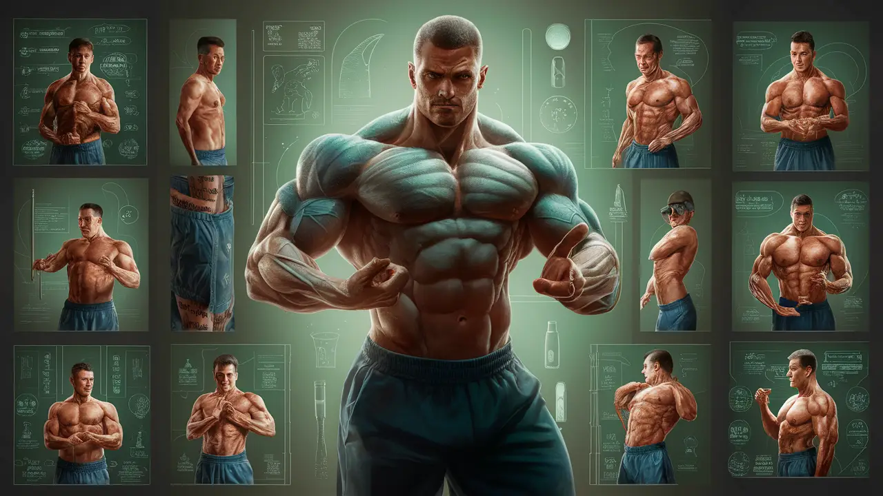 Ilustrações de quadrinhos mostrando exercícios penianos, com instruções passo a passo e focos em músculos específicos.