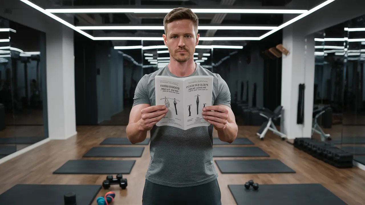 Homem em ginásio segurando folheto sobre exercícios penianos com equipamentos de ginástica ao redor.