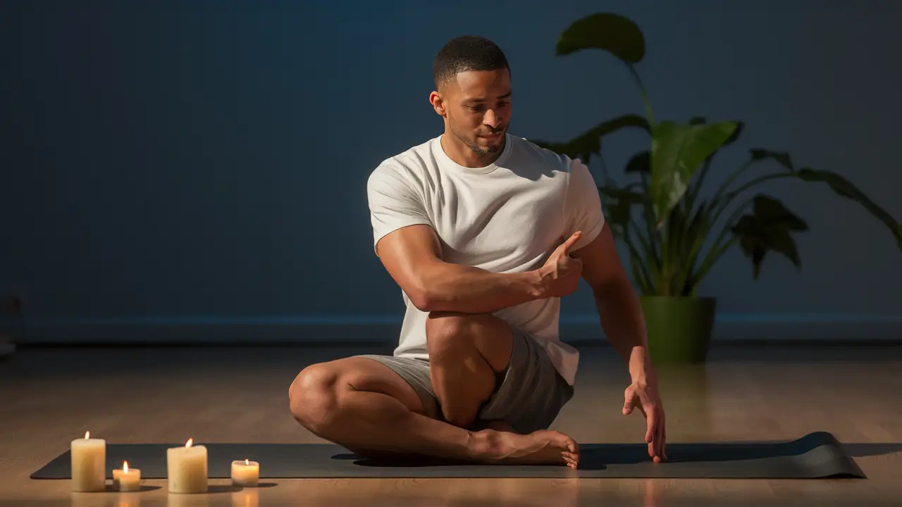 Homem sentado em um tapete de yoga em um quarto iluminado suavemente, cercado por velas pequenas e uma planta em vaso verde.