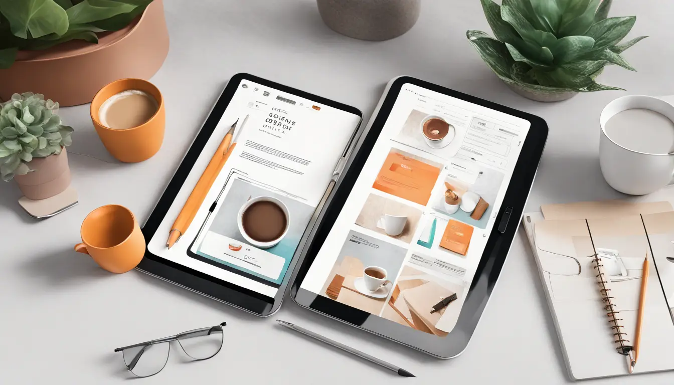 Interface digital de catálogo em um tablet moderno em uma mesa branca com planta e xícara de café ao lado.