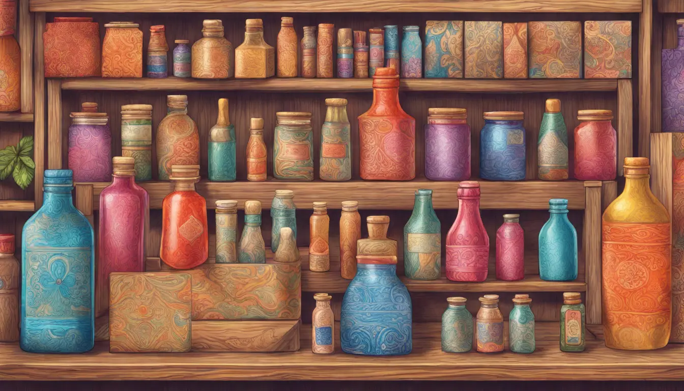 Embalagens de produtos coloridas e decorativas em uma mesa de madeira.
