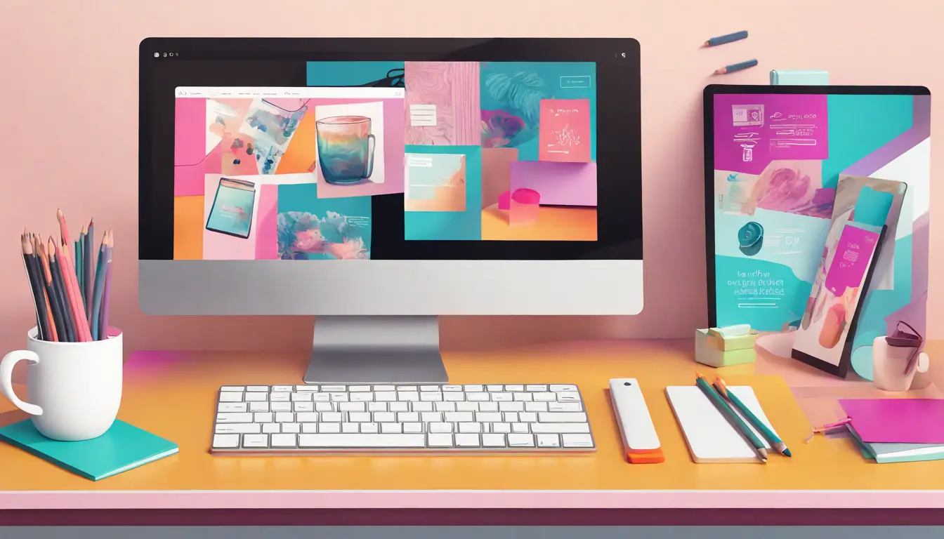 Pantalla de computadora con un catálogo digital colorido en Canva, taza de café y papelería sobre el escritorio.