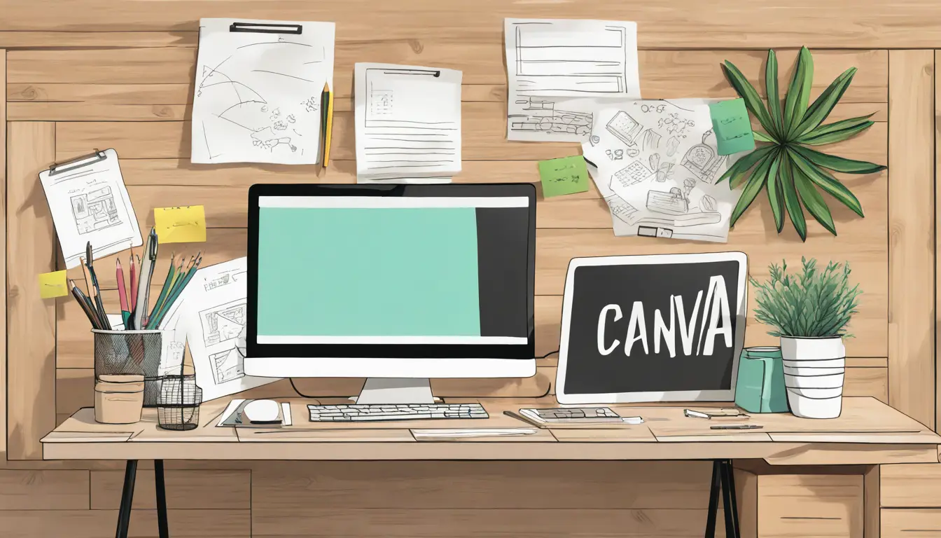 Tela de computador exibindo a página inicial do Canva com modelo de catálogo aberto e itens de papelaria ao redor.