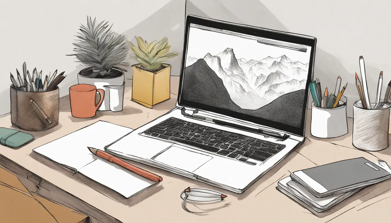 Mesa de trabalho com laptop, amostras de cores, pinceis, e caderno sobre superfície de madeira clara.