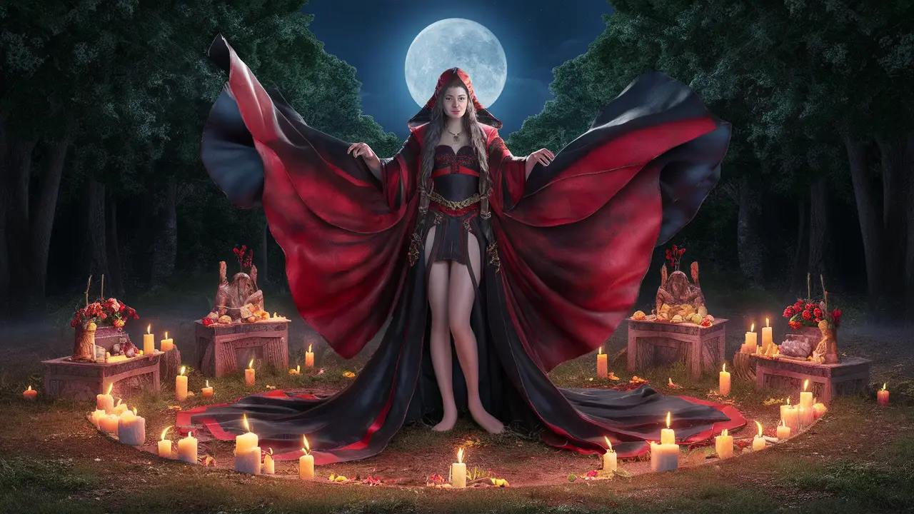 Figura feminina em vestes vermelhas e pretas em clareira florestal com velas e altares sob céu estrelado.