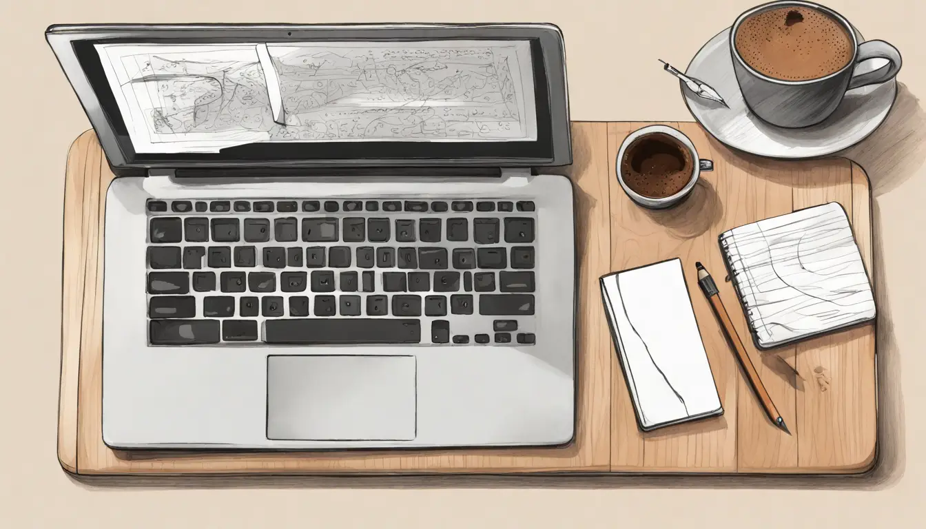 Laptop com tela mostrando site de criação de mini sites, ao lado de café e bloco de notas em mesa de madeira.