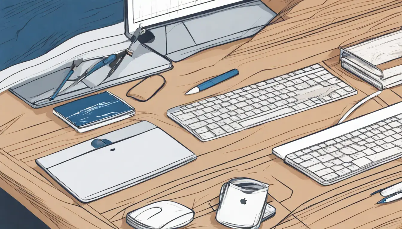 Computador portátil exibindo site minimalista em azul e branco com ícones e texto simples, em mesa de madeira clara.
