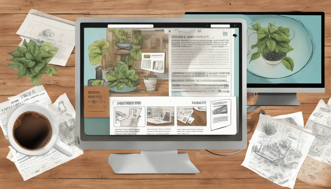Comparação entre um site completo em tela de computador e um mini site simplificado em tablet em uma mesa de madeira.