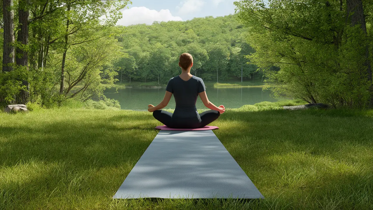 Pessoa meditando em tapete de ioga ao ar livre perto de um lago calmo, rodeada por árvores verdes e exuberantes.