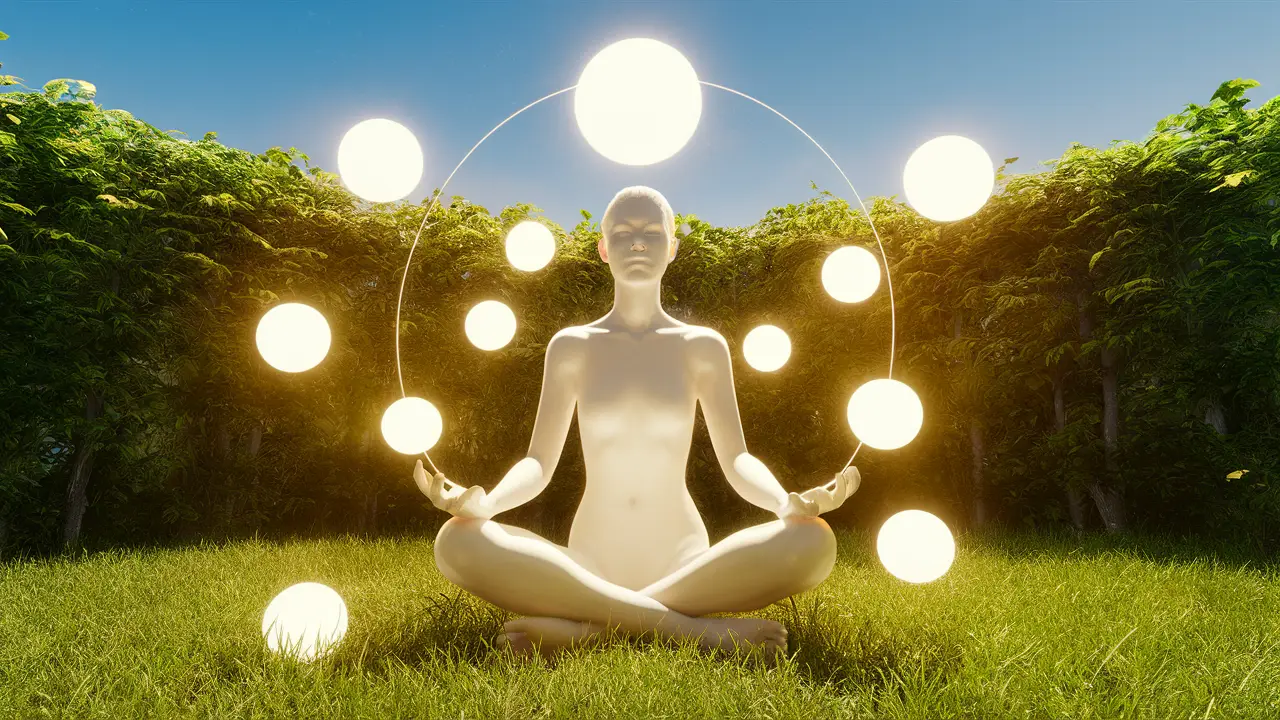 Pessoa meditando em jardim verdejante com orbes de luz ao redor e céu azul claro ao fundo.