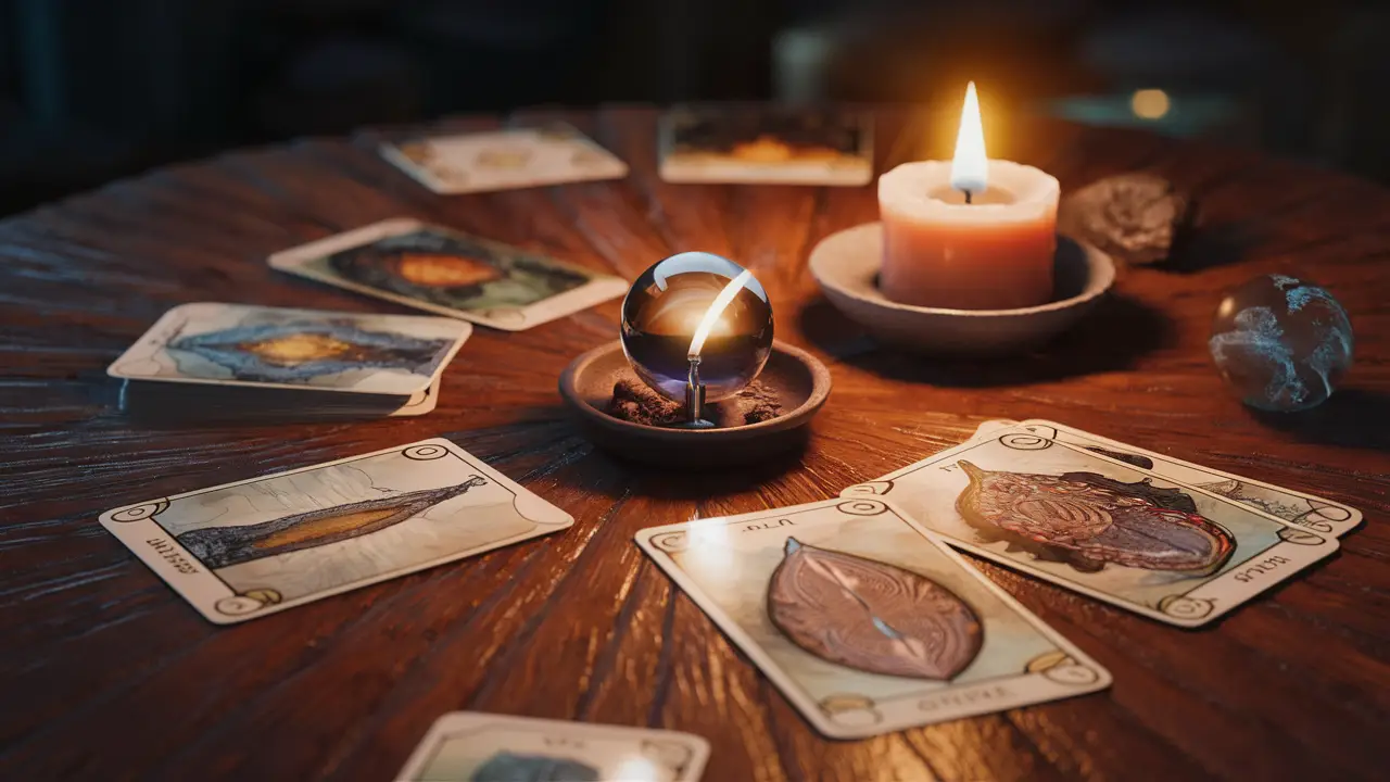 Cartas de oráculo espalhadas em uma mesa de madeira com bola de cristal, vela acesa e tigela de incenso.