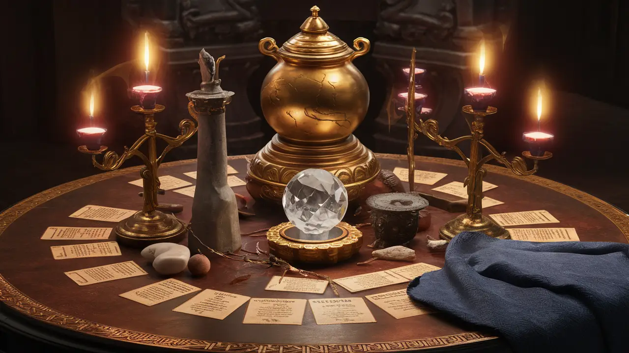 Oráculos variados sobre uma mesa: cartas de tarô, bola de cristal, runas de pedra e bastão de madeira com velas acesas.