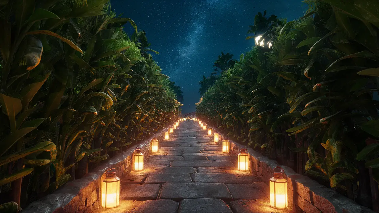 Caminho de pedra com lanternas brilhantes e plantas verdes sob céu estrelado à noite.