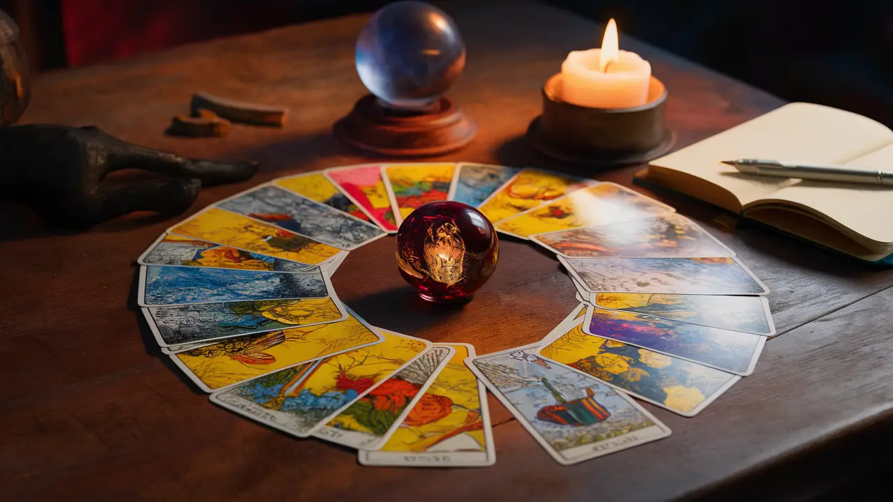Cartas de tarô coloridas espalhadas em uma mesa de madeira com vela acesa e bola de cristal ao lado.