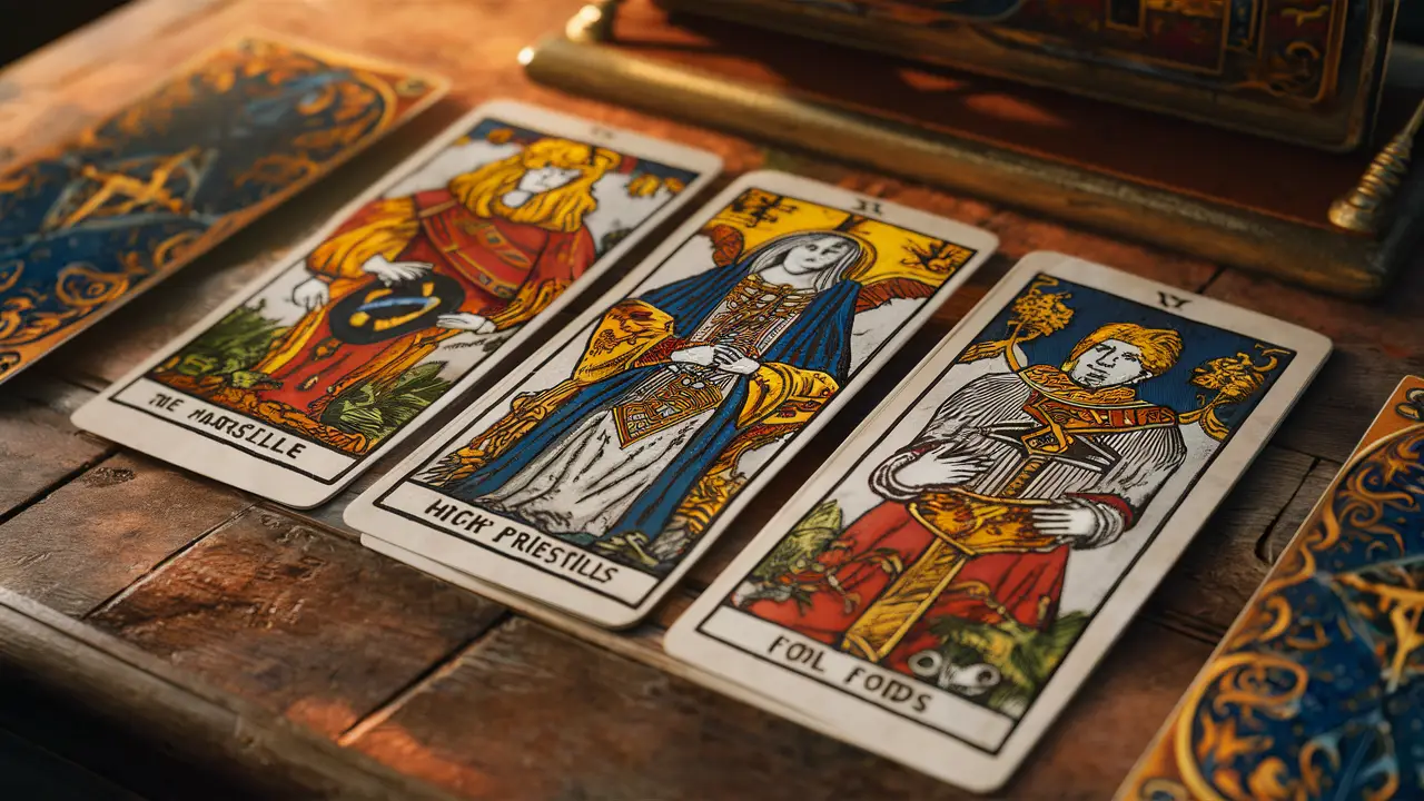 Três cartas do Tarot de Marselha em uma mesa de madeira iluminada suavemente.