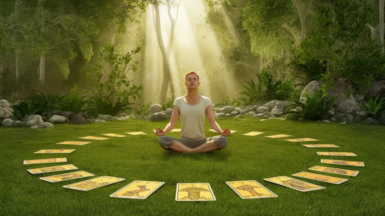 Pessoa meditando em uma clareira de floresta, cercada por cartas de tarô em círculo sob luz suave do sol.