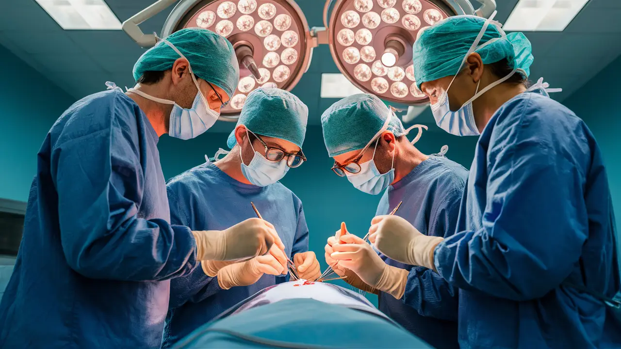 Equipe de cirurgiões em sala de operação estéril realizando uma cirurgia peniana com instrumentos precisos.