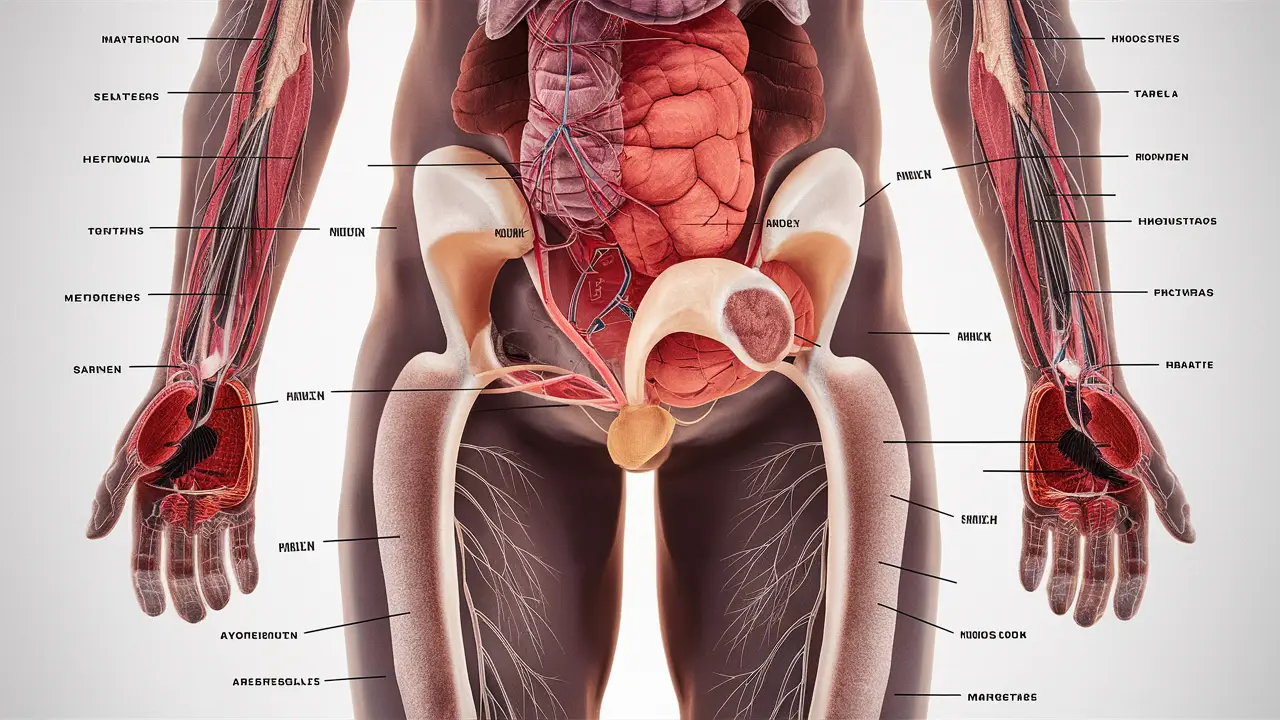 Diagrama anatômico do corpo masculino destacando a área peniana com etiquetas, em cores neutras.