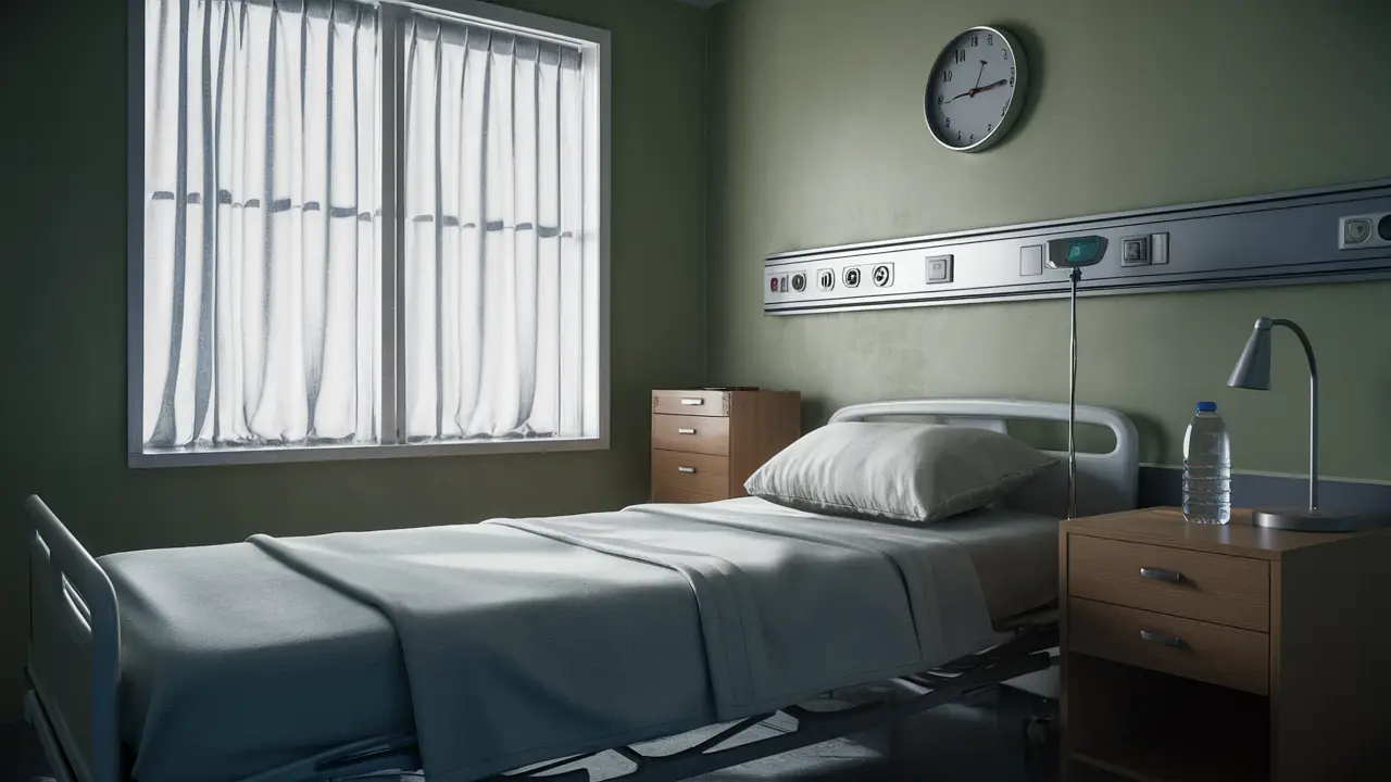 Quarto de hospital com cama arrumada, mesa de cabeceira, garrafa de água, abajur, janela com cortinas e relógio às 10:00.