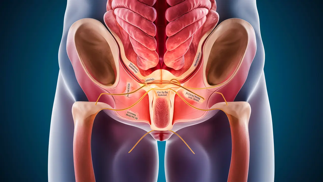 Ilustração anatômica do pênis e região pélvica masculina com pontos de incisão cirúrgicos destacados.