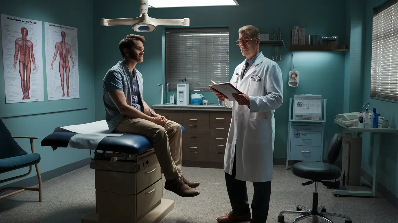 Sala de consulta médica com paciente masculino e médico discutindo cirurgia de aumento peniano.