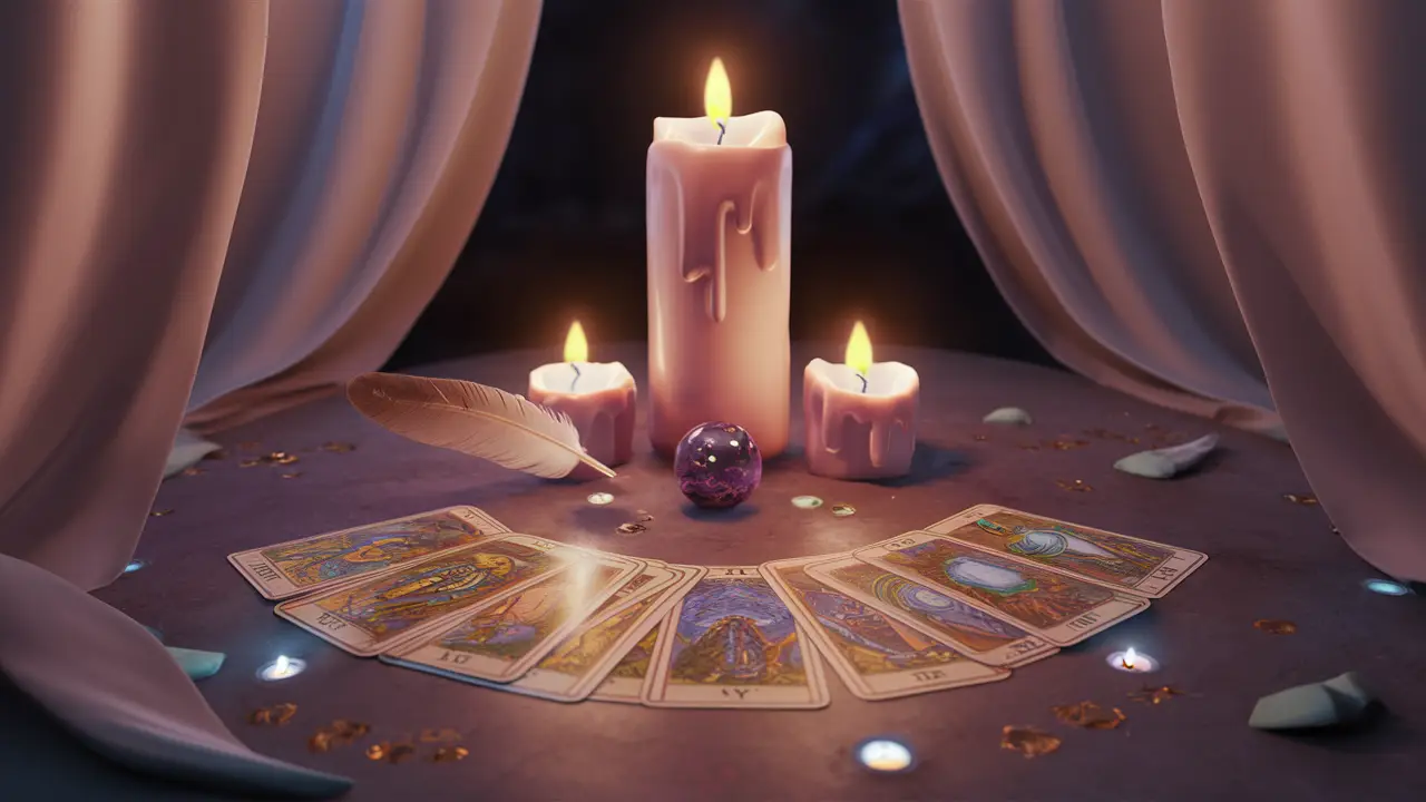 Altar iluminado por velas com cartas de tarô coloridas, esfera de cristal e pena, cercado por cortinas suaves.