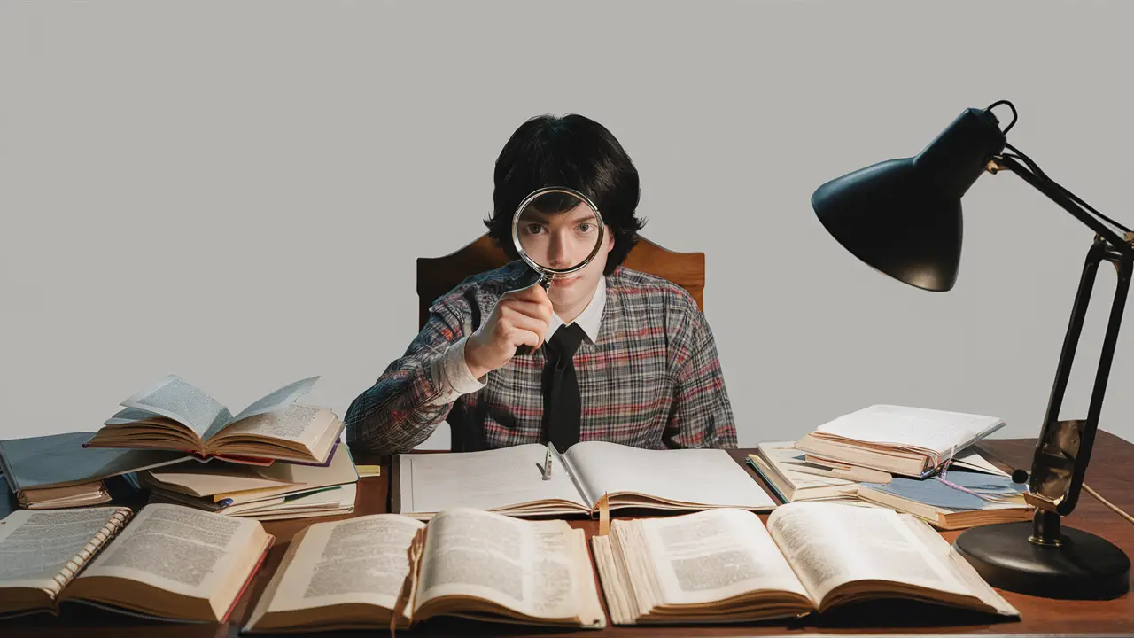 Pessoa com lupa lendo um livro em uma mesa de madeira com cadernos e lâmpada.