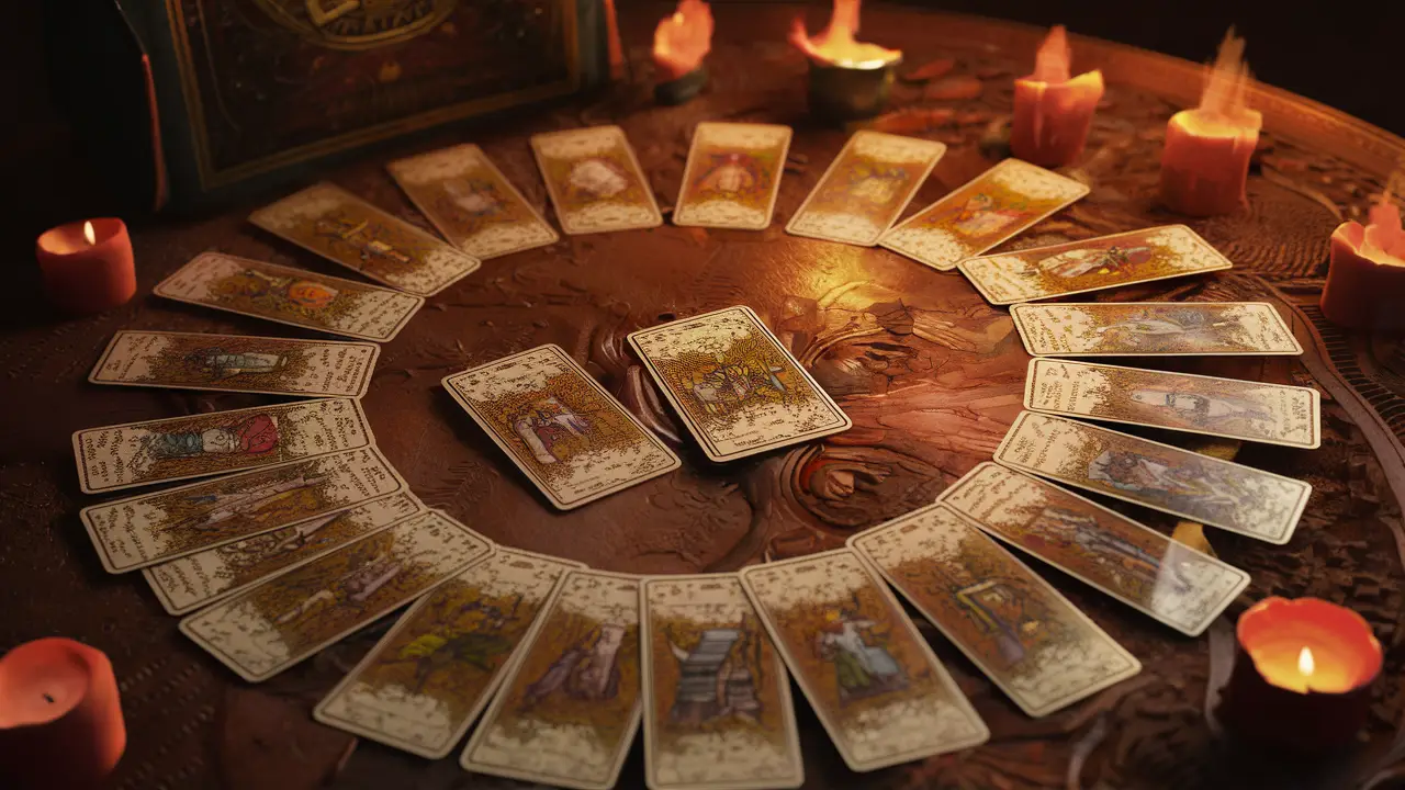 Cartas do Tarô de Marselha dispostas em uma mesa de madeira com luz suave de velas ao redor.