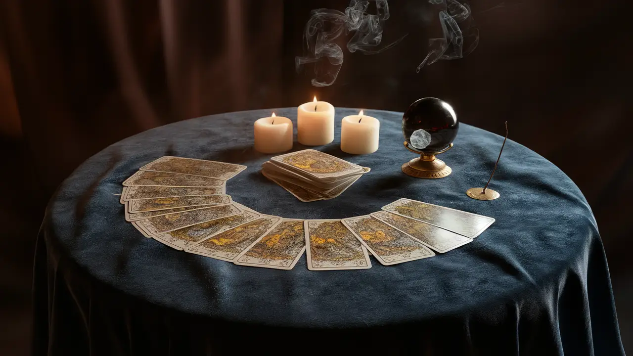 Mesa redonda com veludo azul, cartas de tarot, bola de cristal e incensário de latão fumegando levemente.