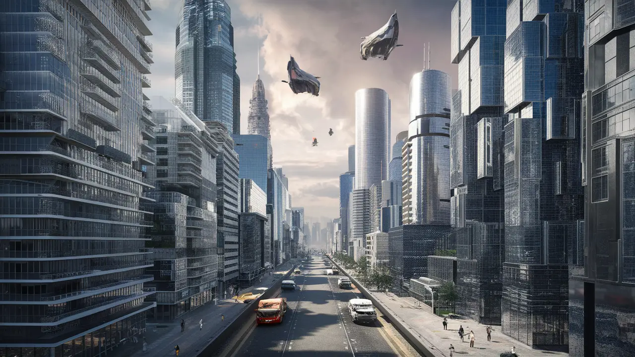 Skyline futurista com arranha-céus de vidro e metal e veículos voadores em 2025.