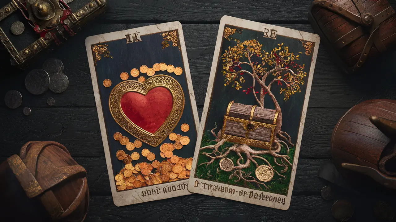Cartas de tarot medievais mostrando coração com moedas e árvore com baú, sobre mesa de madeira escura.