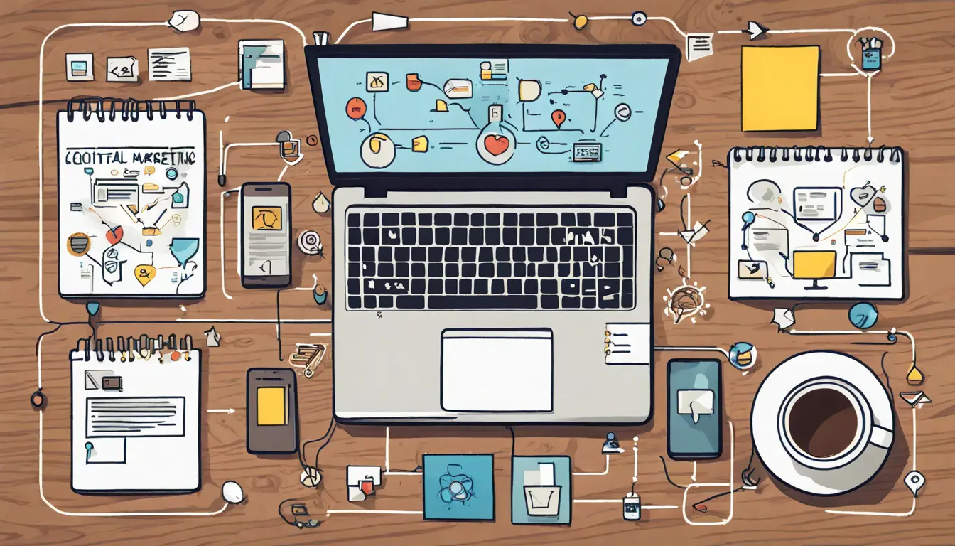 Laptop e smartphone com fluxograma de estratégia de marketing digital em mesa de madeira.