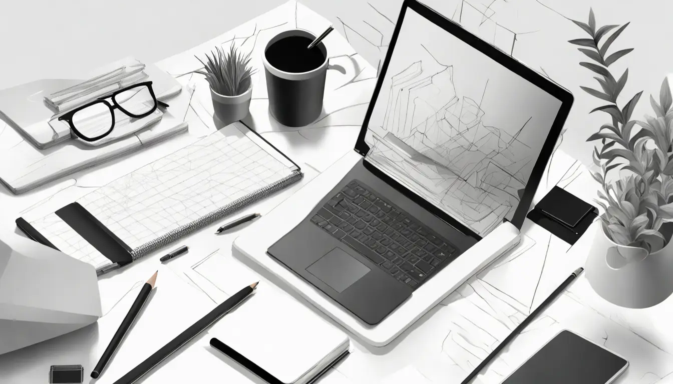 Mesa de escritório com laptop, tablet, smartphone e caderno organizados simetricamente, em fundo branco.