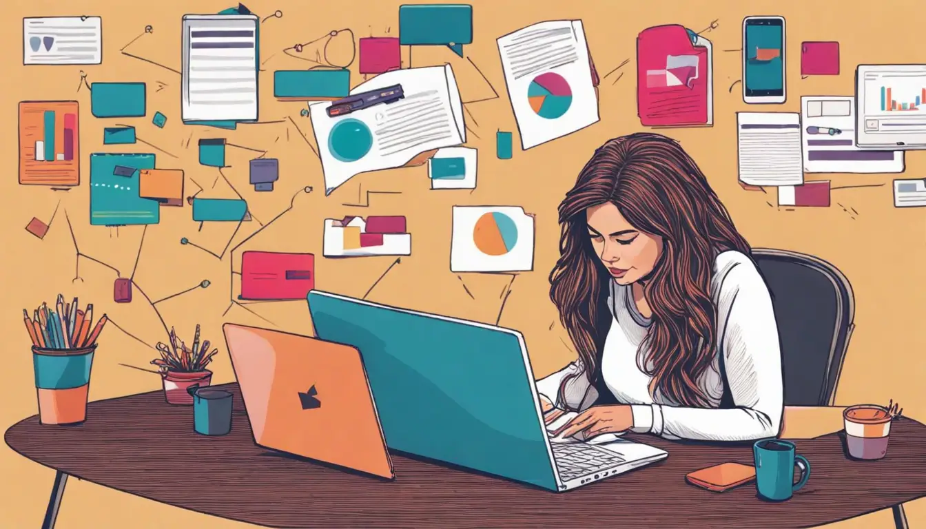 Pessoa em mesa de escritório com laptop, gráficos coloridos em tela e smartphone com notificações.