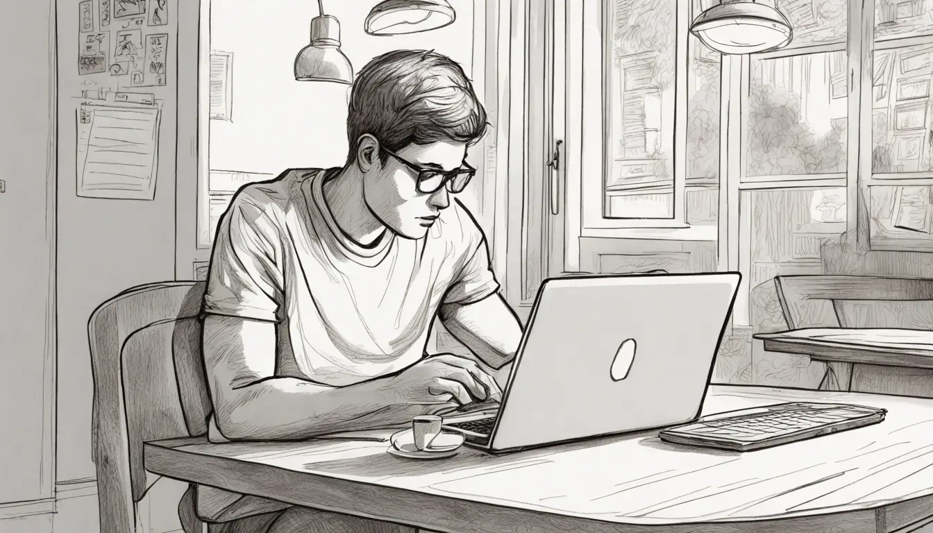 Pessoa em frente a um laptop em um escritório, cercado por notas e esboços de site em um quadro branco.