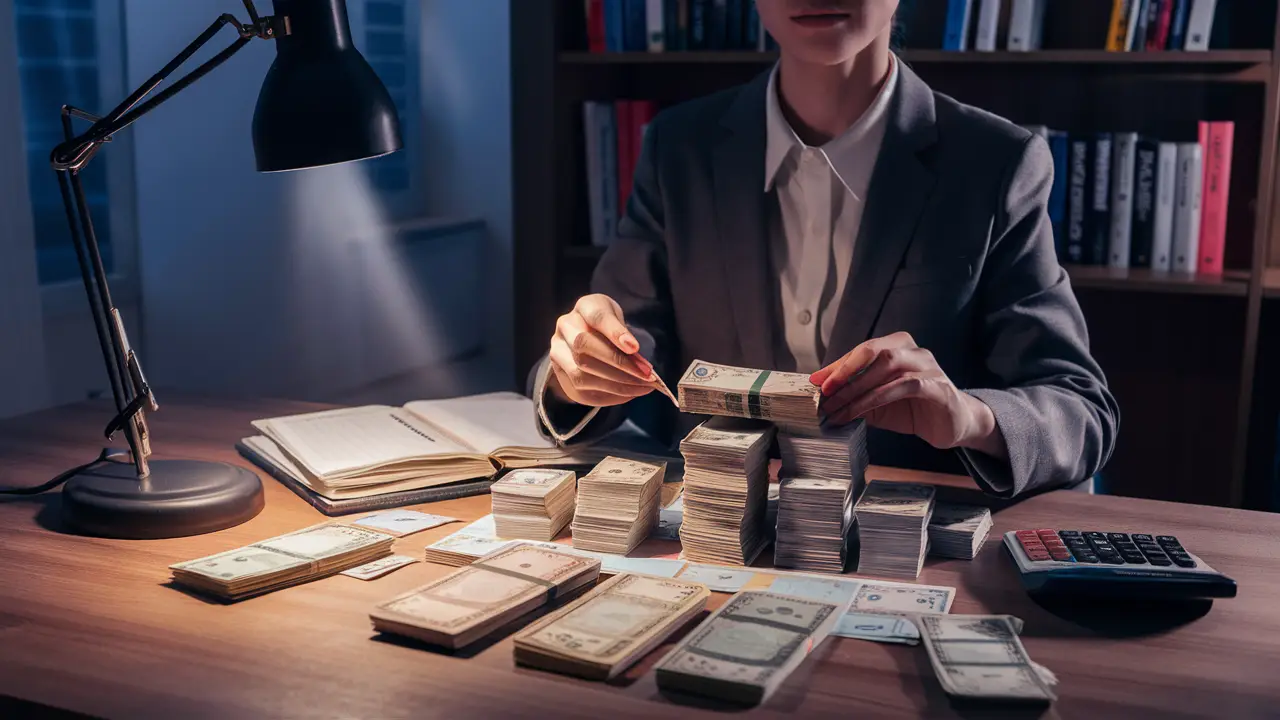 Pessoa de terno organizando notas de dinheiro em uma mesa com calculadora e livros de finanças ao fundo.