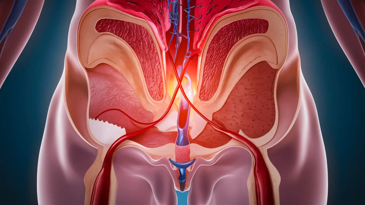 Ilustração médica do priapismo mostrando uma seção transversal do pênis com vasos sanguíneos aumentados.